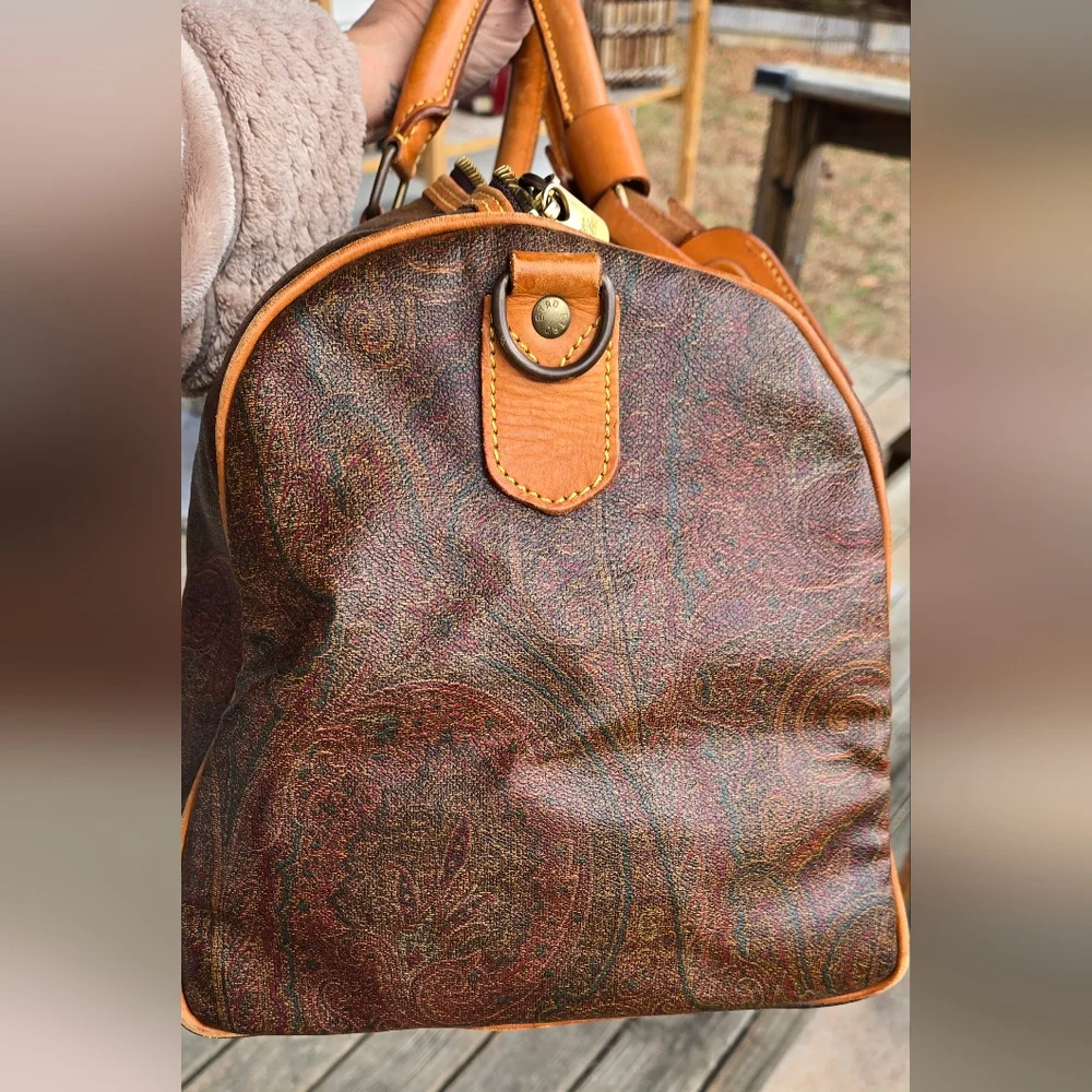 ETRO MILANO Paisley Coated Canvas Vachetta Leather Boston Travel Bag w/ COA